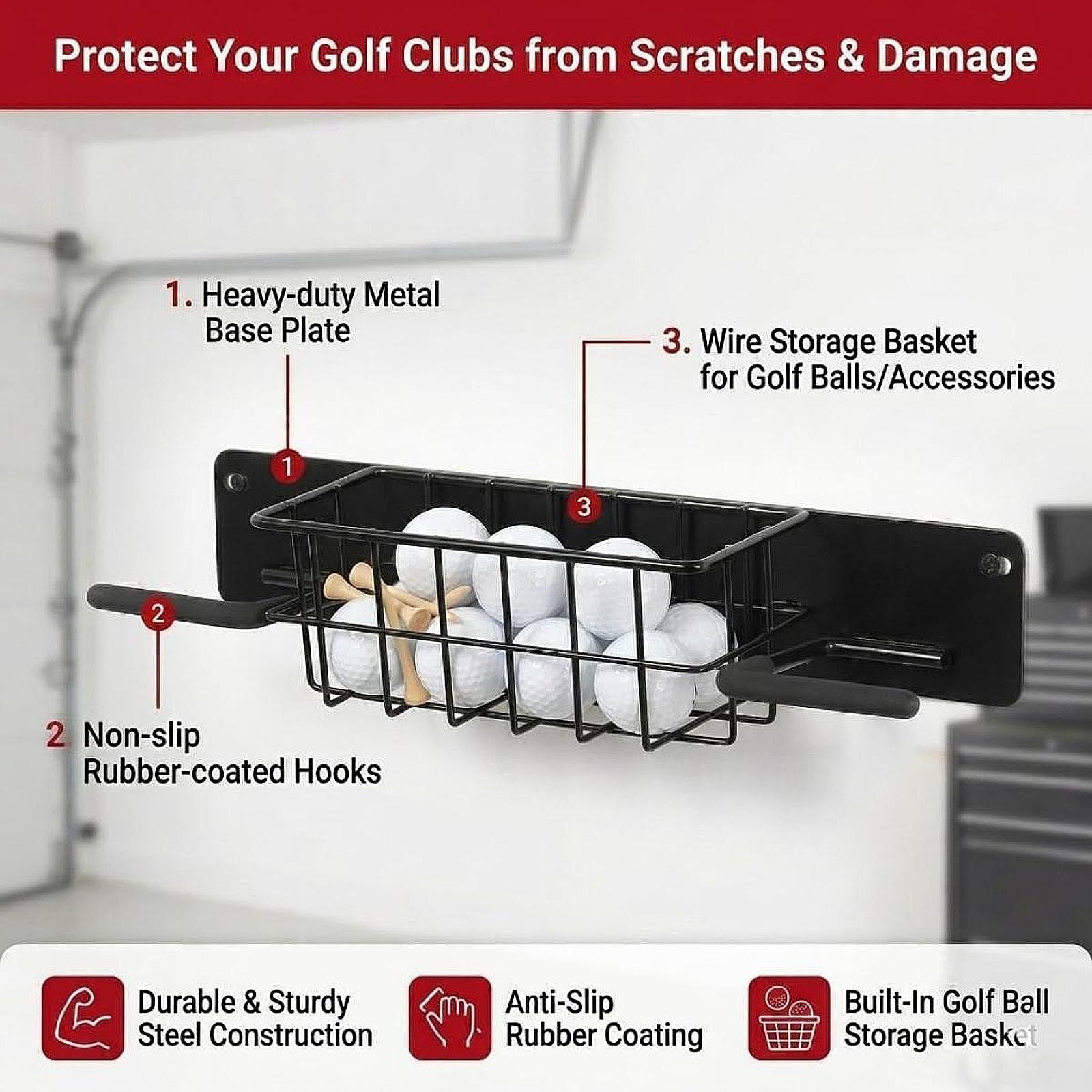 Golf Equipment Organizer For Garage - Ruimtebesparende golfuitrusting wandrek metalen tasdrager met