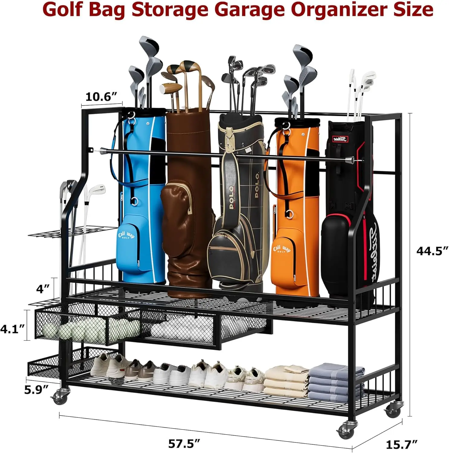Golf Equipment Organizer For Garage - Multifunctionele rollende golftassen opbergplank met wielen,
